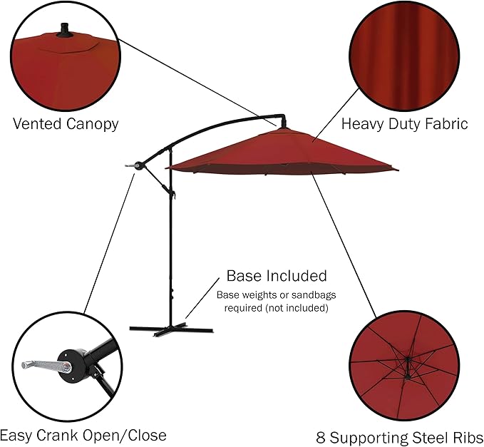 10 Ft Offset Cantilever Patio Umbrella - Fade-Resistant Shade Umbrella Outdoor Patio Canopy with Cross Base for Garden, Lawn, Deck, Yard or Pool by Pure Garden (Red)