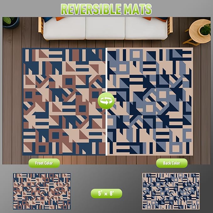 WILDROOTS 5x8 Feet Texture Pattern Plastic Outdoor Rug, Stain Resistant Waterproof Reversible Outdoor Patio Rug, Fade Resistant Camping Rug