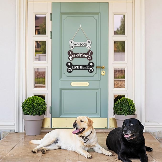HLNIUC Funny Dog Wooden Sign,Spoiled Dogs Door Sign And Their Household Staff Live Here Wall Decor,Bone Shape Hanging Plaque for Porch Front Door,Dog Welcome People Tolerated Plaque for Dogs Lovers