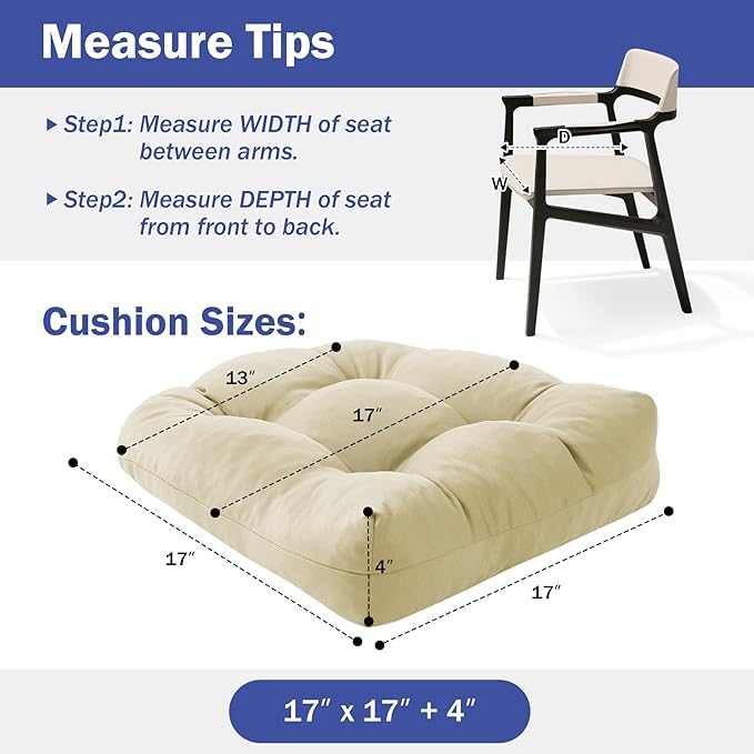 Outdoor Chair Cushions Set of 2, Patio Chair Cushions with Ties, 17x17+4” Tufted Outdoor Seat Cushions, Waterproof Patio Furniture Cushions, Outdoor Dining Chair Pads, Beige (Pack of 2)