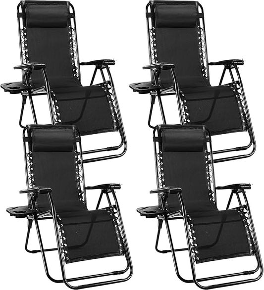 Sweetcrispy Zero Gravity Chairs, Set of 4 Portable Recliner Beach Camping Patio Outdoor Folding Lounge Chair with Cup Holder Trays and Adjustable Pillow for Poolside, Garden, Backyard, Lawn (Black)