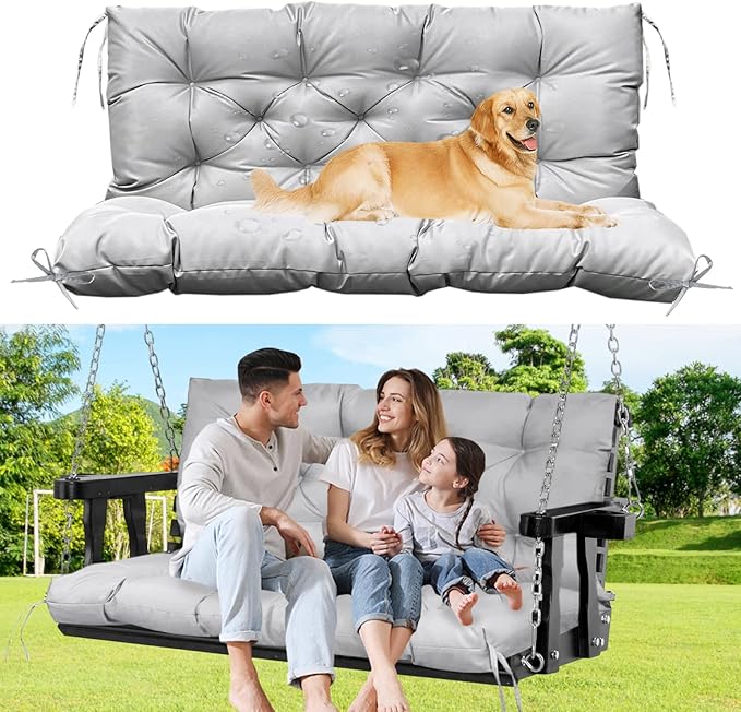 60" Porch Swing Cushion with Backrest, Waterproof Outdoor Bench Swing Cushions 3 Seater Replacement Thickened Swing Cushions with Ties for Patio Garden Backyard,Light Gray,60x40in