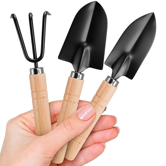 3 Pcs Small Garden Tools for Gardening – Planting Tools Set with Mini Shovel, Ergonomic Hand Rake, Rustproof Metal Build & Solid Wood Handle – Shovels for Digging, Balcony Pots & Indoor Plant Care