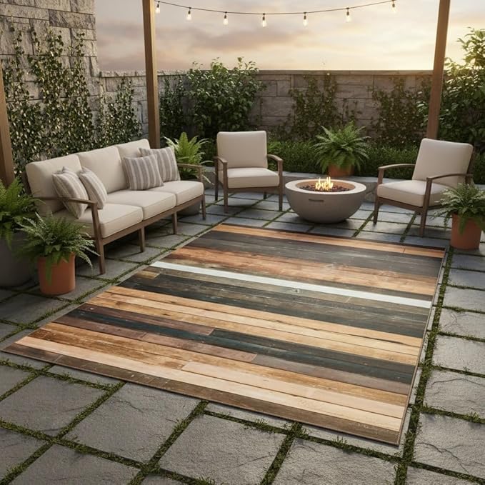 Vintage Rustic Wooden Board Outdoor Rug 6x8 Natural Wood Grain Waterproof Outdoor Area Rug for Balcony Porch Patio Deck Farmhouse Reversible Durable Outside Carpet Non Slip Indoor Outdoor Floor Mat