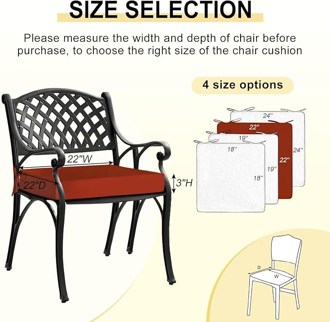 downluxe Waterproof Outdoor Chair Cushions for Patio Furniture, 22" x 22" x 3" Patio Chair Cushion with Adjustable Ties & Portable Handle, Square Outdoor Cushion with Removable Cover, Orange, 2 Pack