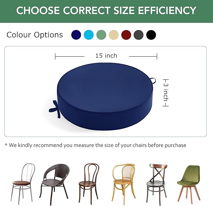 Outdoor Bistro Chair Cushions Set of 4, 15" D x 3" H Round Chair Cushions Waterproof and Fade Resistant Chair Cushion Pads with Non-Slip Ties and Removable Covers for Garden, Navy Blue