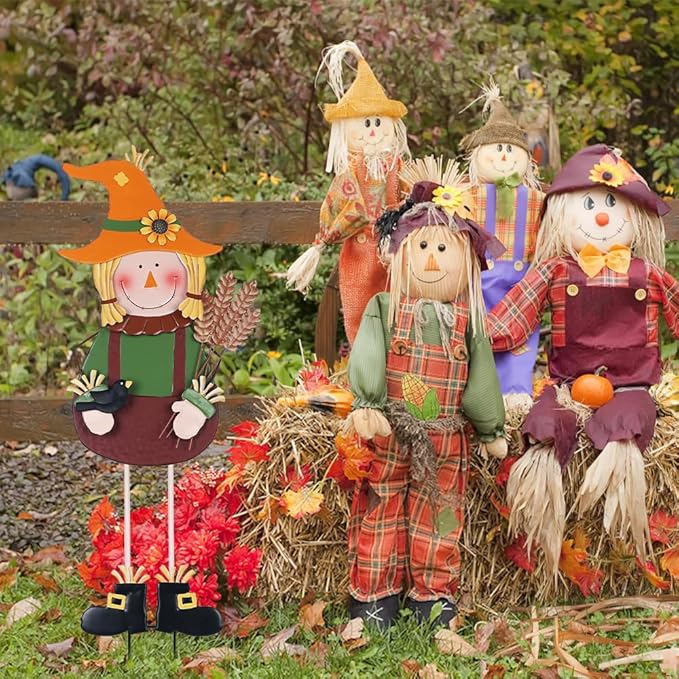 hogardeck Fall Decorations for Home Outdoor, 36" Metal Scarecrow Decorative Garden Stakes with Wheat Sunflower Crow for Fall Decor, Yard Signs for Garden Lawn Patio Porch Thanksgiving Decorations