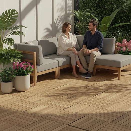 Acacia Wood Flooring Interlocking Deck Tiles for Patio Decor 27 Pcs 12 Slats VR White Oak - Waterproof Indoor & Outdoor Decor - Balcony Garden Decking Tile (12.2 * 12.2 * 0.7 inches)