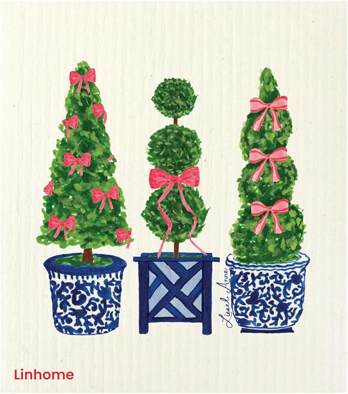 Chrimas Holiday Swedish Dishcloth, Reusable Paper Towel, Super Absorbent Cellulose Sponge, Washable Kitchen Cleaning Cloth (Festive Topiary Trio - 1 Pack)