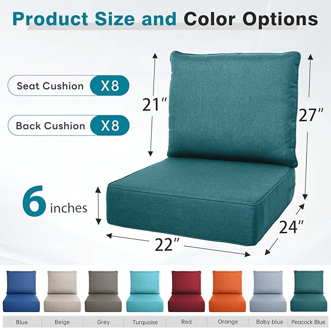 Belord Luxury 6" Thick Outdoor Cushion 8 Set - 22 x24 Inch 28D Sponge Filling Fade-Resistant Chair Cushion, Spill Proof Removable Patio Furniture Replacement Cushion for Bench Swing - Peacock Blue