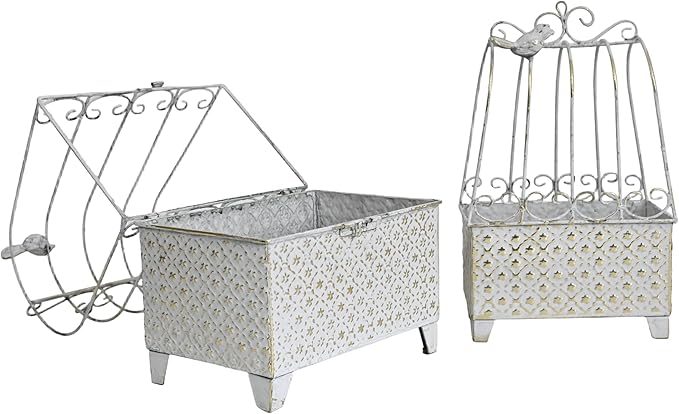 2-Piece Vintage White Metal Birdcage Planter Set, Decorative Flower Pots with Ornate Design for Indoor Outdoor Garden Decor, Distressed Planters (White)