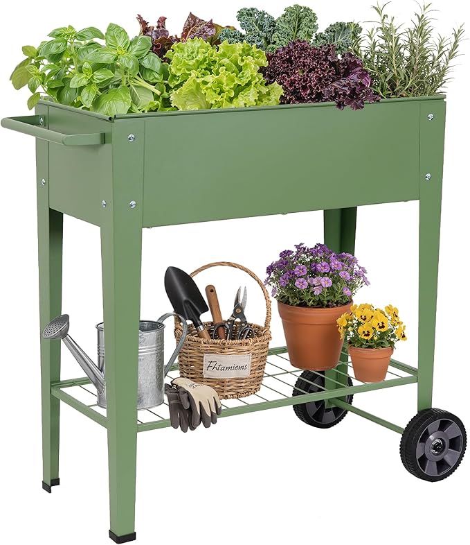 Tall Raised Garden Bed Outdoor with Wheels, Metal Elevated Raised Planter Box with Drainage Holes for Vegetables, Flower, Herbs(Green)