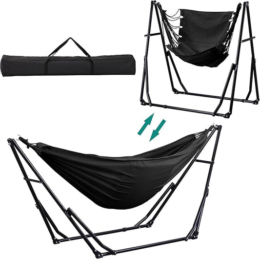 Ainfox Hammock with Foldable Stand, 2 in 1 Hammock and Swinging Chair with Carrying Bag, Portable Camping Chair Suitable for Outside, Swing,Patio,Garden,Camping Trip Black
