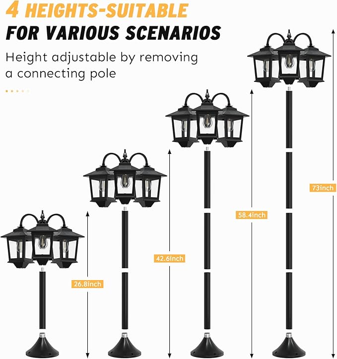 73" Aluminum Solar Lamp Post Light, 3-Head Solar Light Posts for Outside Waterproof, 90Lm Outdoor Lamps for Patio, Backyard, Front Porch Decor, Warm White, Replaceable Bulb