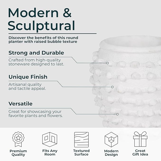 Modern Ceramic Flower Pot with Bubble Texture – Decorative Round Stoneware Planter for Indoor and Outdoor Plants – Unique Contemporary Accent for Garden, Patio, or Home Decor – 9" White