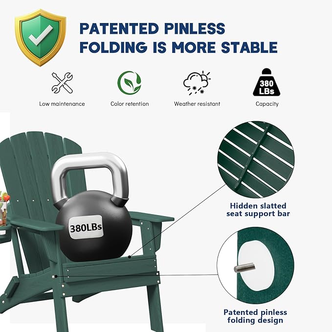 Plawdlik Folding Adirondack Chair Set of 6 with Cup Holder，Wooden Textured ，Heavy All-Weather HDPE Comfortable Set Poolside Backyard Lawn, Green