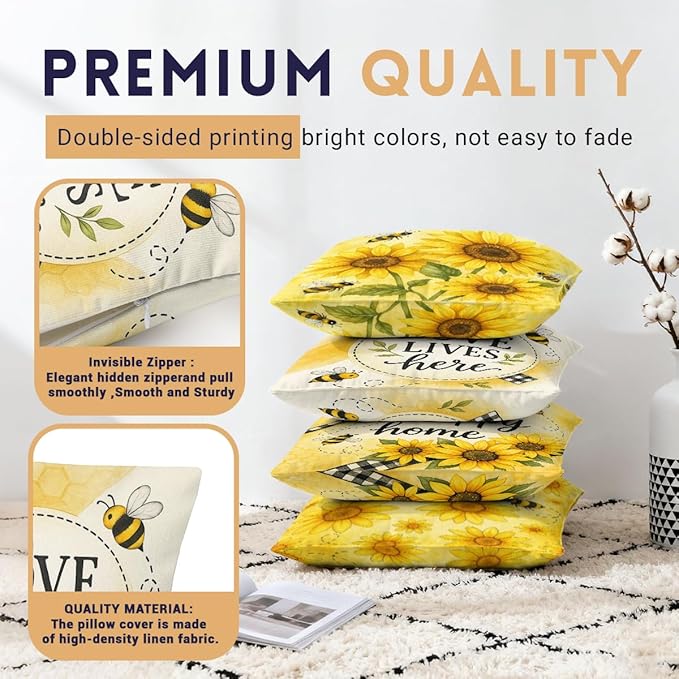 Sunflower Pillow Covers 18x18 inch Set of 4, Yellow Bee Honeycomb Love Home Throw Pillows Cover Sofa Couch Pillow Cases for Farmhouse Indoor Home Decor Decorations