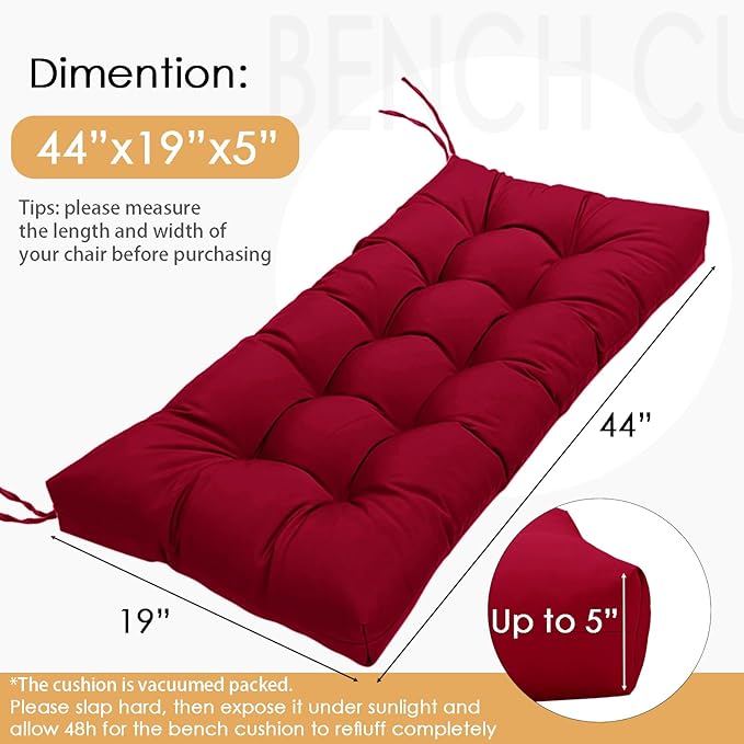 MTMR Water-Repellent Outdoor Bench Cushion-44X19 Inch Tufted Porch Swing Cushions with High Elasticity PP Cotton and Durable Ties, Thick Bench Seat Cushions for Patio Furnitures, Indoor Window Cushion