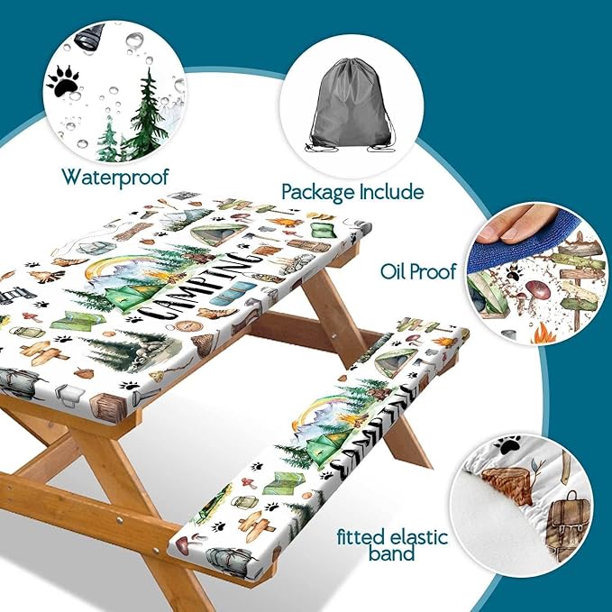 Picnic Table Cover with Bench Covers, Happy Camper RV Camping Tablecloth Fitted Picnic Picnic Table Cover with Elastic Windproof Waterproof, Outdoor & Garden Camping Accessories Essentials, 72in