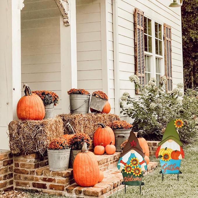 PHITRIC Fall Decorations for Home Outdoor, 2 Pcs Metal Gnome Decorative Garden Stakes with Pumpkins Sunflower for Fall Decor, Yard Signs for Garden Home Lawn Patio Thanksgiving Decorations