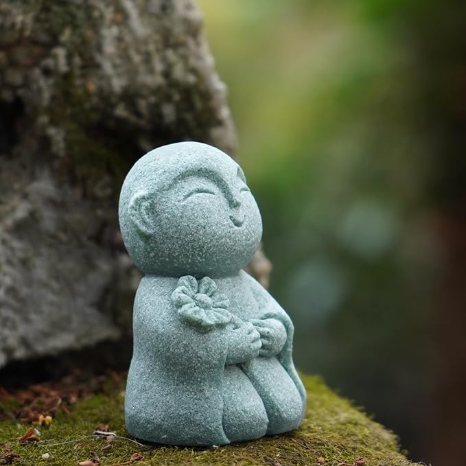 OwMell Japanese Jizo Monk Statue, Buddha Jizo Figurine Memorial Aquarium Statue Ornament - Flower