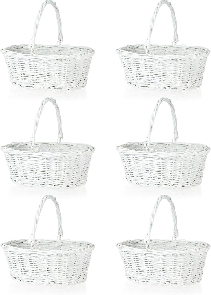 Barydat 6 Pcs Small Wicker Picnic Basket with Handle Flower Girl Baskets Oval Willow Woven Braided Gift Basket for Easter Weddings Baby Shower Home Garden Decor (White,12'' x 9'' x 5'')