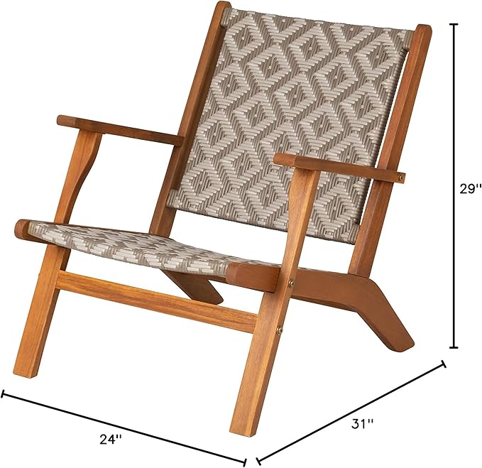 Patio Sense Balkene Home Vega Natural Stain Outdoor Chair All Weather Wicker Outdoor Chair Acacia Wood Construction Mid Century Design Comfortable Reclining Armchair - Diamond Weave Wicker
