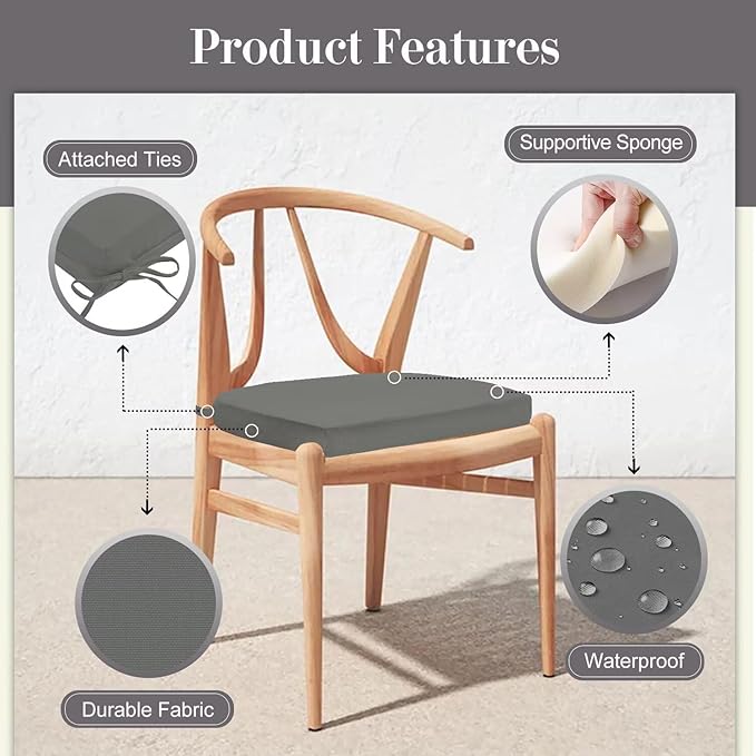 Cozyide Outdoor Chair Cushions, Waterproof Patio Seat Cushions with Adjustable Straps, Round Corner Patio Chair Cushions for Garden, Dark Grey, 17x16x2 Inch (Pack of 4)
