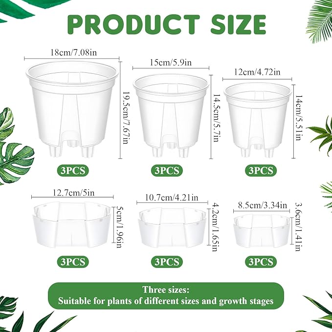 9 Piece Self Watering Pots with Drainage Holes and Deep Reservoir Clear Flower Pots Flexible Plastic Planter Pot for Indoor/Outdoor Plants(4.7'', 5.9'' and 7'')