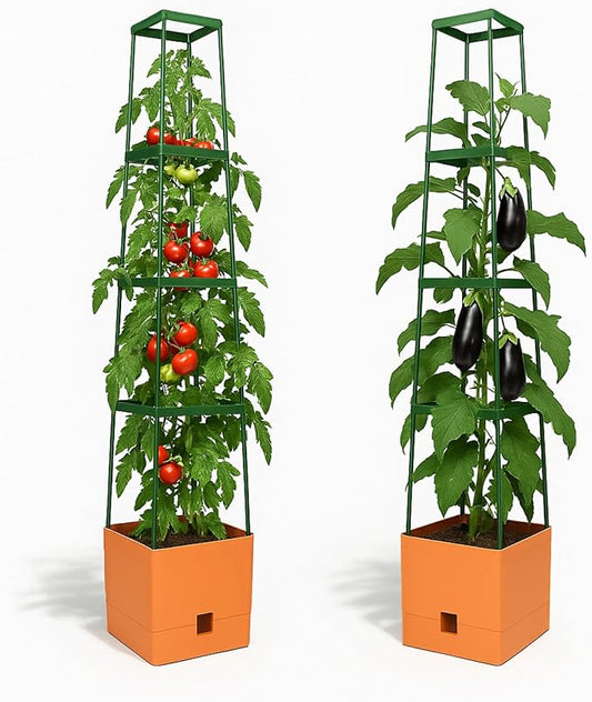 Bio Green Maxitom - 1.5 m Trellis for Climbing Plants - Plant Support for Climbing Plants, Vines, Vegetables, Tomatoes - Garden Trellis - Planter Box with Trellis - 2 Pack Plant Towers - Terracotta