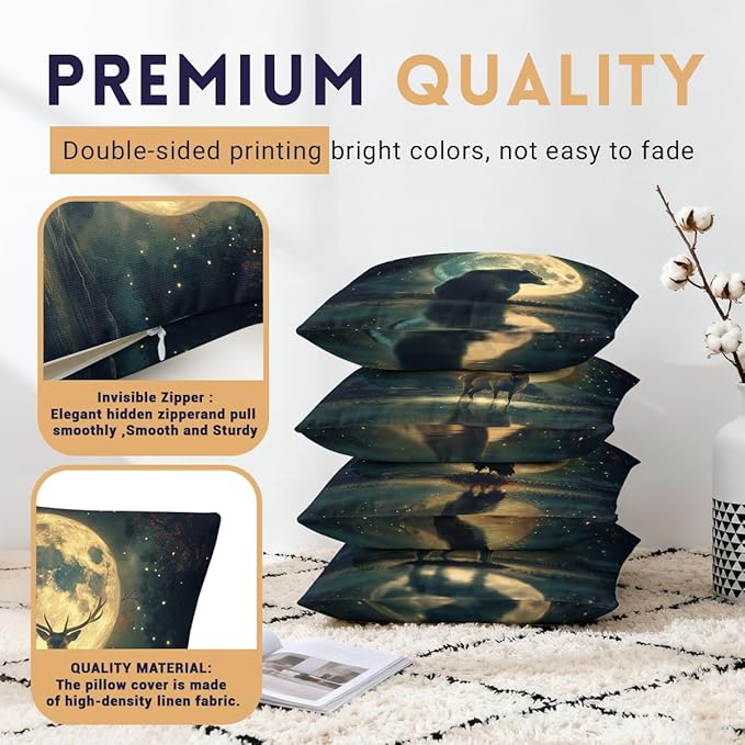 Moon Pillow Covers 18x18 inch Set of 4, Eagle Full Moon Reflection Wildlife Night Sky Throw Pillow Covers Cushion Case for Home Farmhouse Couch Sofa Bed Indoor Outdoor Decor