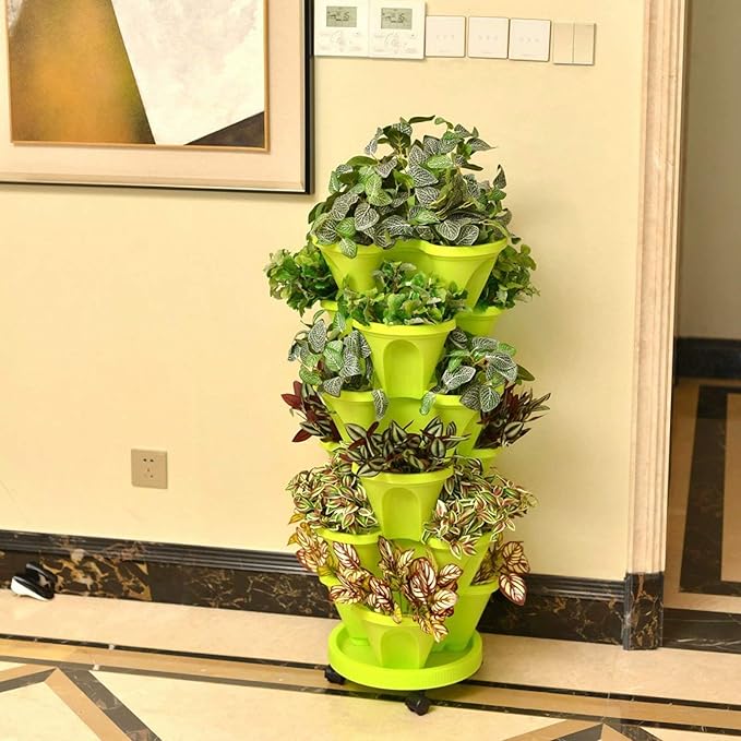 Tier Stacking Flower Pot Tower Stackable Vertical Plastic Garden Planter Vegetable Flower Strawberry Planter Pot Grow Fresh Herbs Indoor Outdoor,Green