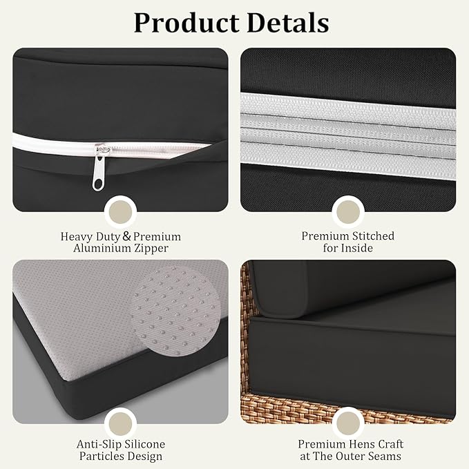14 Pcs Outdoor Replacement Cushions for Patio Furniture, All Weather Water Resistant Cushion for 6 Seat Rattan Wicker Sectional Patio Conversation Sets and Couch (Black)