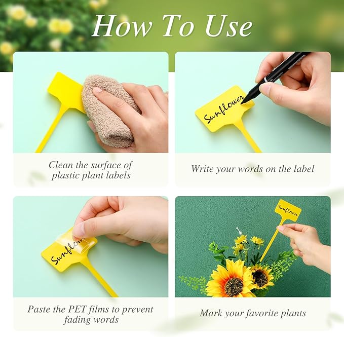 Marsui 202 Pcs Large Plant Labels Kit, Include 100 Outdoor Plastic Plant T Type Tags Waterproof Reusable Plant Markers Stakes, 100 PET Films and 2 Marker Pens for Herbs Pot (Yellow,6 Inch)