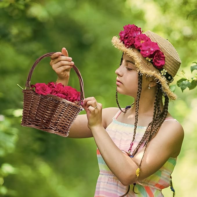 Barydat 6 Pcs Small Wicker Picnic Basket with Handle Flower Girl Baskets Oval Willow Woven Braided Gift Basket for Easter Weddings Baby Shower Home Garden Decor (Brown,9" x 7" x 4")