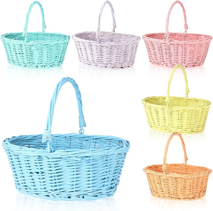 Barydat 6 Pcs Small Wicker Picnic Basket with Handle Flower Girl Baskets Oval Willow Woven Braided Gift Basket for Easter Weddings Baby Shower Home Garden Decor (Multicolor,12'' x 9'' x 5'')