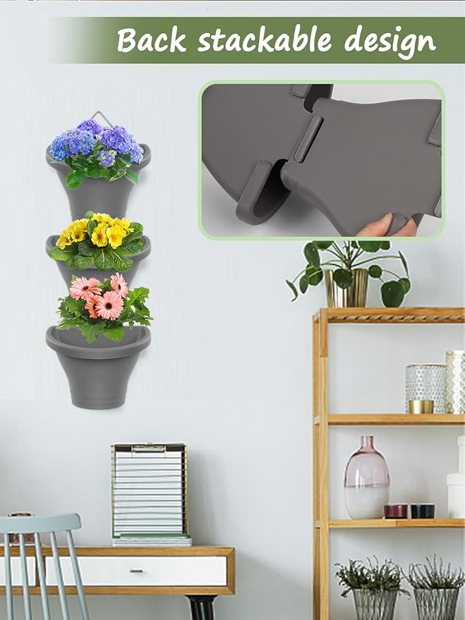 MADHOLLY 6Pcs Hanging Vertical Planter- Plastic Wall Hanging Planter with Hooks Leaky Grid- Self Watering Hanging Pots for Indoor Outdoor Garden Fence Hanging Decorations (Gray)