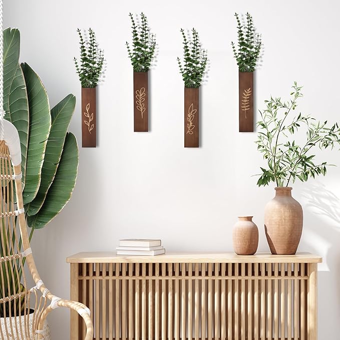 Wooden Wall Planter Set of 4 - Modern Home Decor for Living Room, Bedroom, Bathroom - Dark Brown Finish Planter for Dried Flowers, Faux Greenery, Indoor Plants