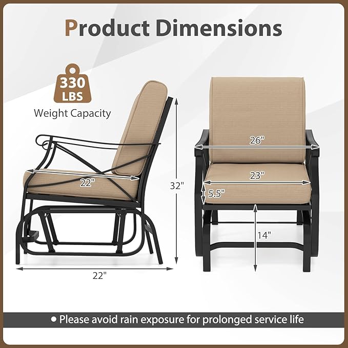 Tangkula Outdoor Glider Rocking Chair, Patio Gliding Chair Furniture with Metal Frame and Thick Cushions for Porch, Balcony, Garden and Yard (1 Pack)