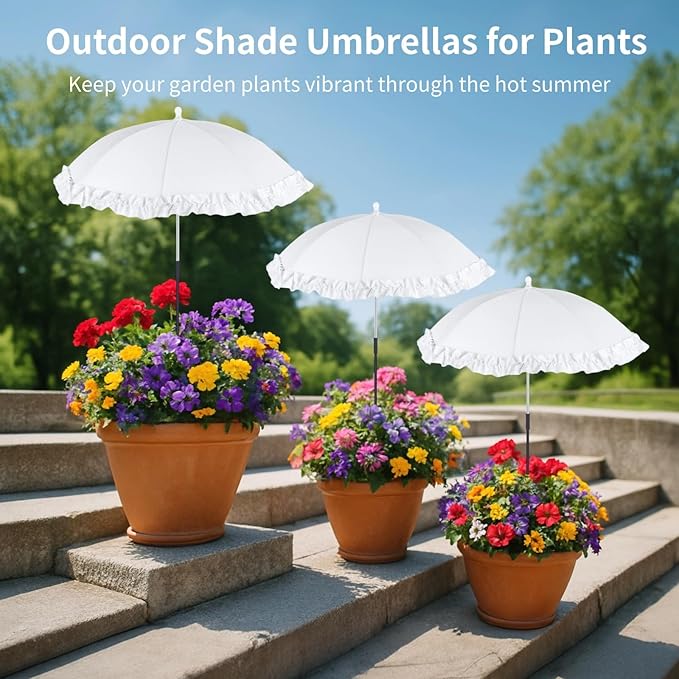 4 PCS Plant Shade Umbrellas, Outdoor Garden Sun Protection Umbrella, Silver-Coated Polyester & Metal Ribs, 2-Leg Ground Spike Umbrella for Potted Plants & Flower Beds