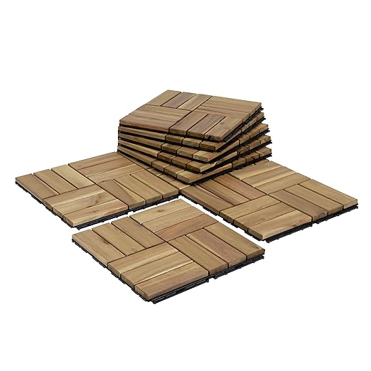 Acacia Wood Flooring Interlocking Deck Tiles for Patio Decor 9 Pcs 12 Slats VR White Oak - Waterproof Indoor & Outdoor Decor - Balcony Garden Decking Tile (12.2 * 12.2 * 0.7 inches)