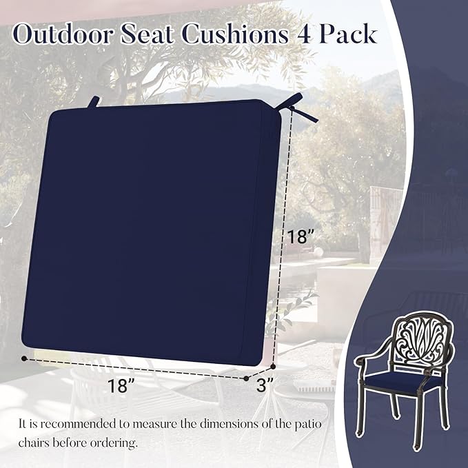 Basic Beyond Outdoor Chair Cushions for Patio Furniture, Waterproof Outdoor Seat Cushions Set of 4 18 x 18, Patio Chair Cushions Set of 4 with Ties and Handle, Navy