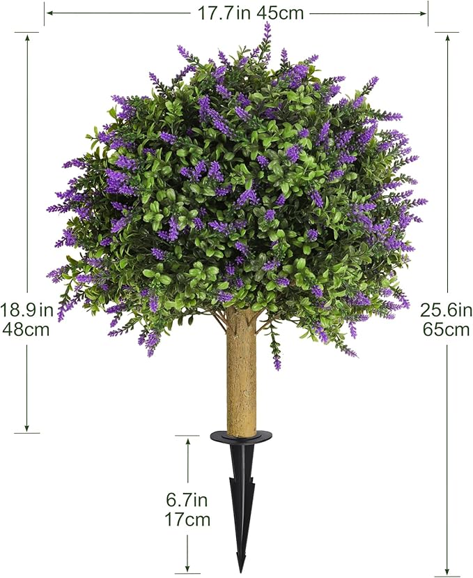 Set of 2 Artificial Lavender Topiary with Spike,Fake Plants Boxwood Balls Greenery Shrubs,UV Resistant Artificial Push in Flowers Bushes for Outdoor Front Porch Decor,Home Faux Plants Indoor