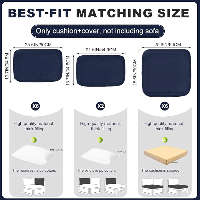 Patio Sectional Cushions, 14-Piece Replacement Cushions for Outdoor Furniture, Water-Resistant Outdoor Sofa Cushion for 6-Seat Rattan Wicker Sectional Conversation Sets (Navy Blue)