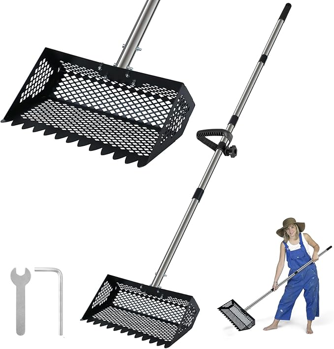 Upgraded Chicken Coop Poop Scooper and Rake, Stainless Steel Chicken Coop Scoop for Sand with Adjustable Handle, Cat Dog Litter Sifting Shovel for Farm, Garden, Yard Cleaning Tools Accessories