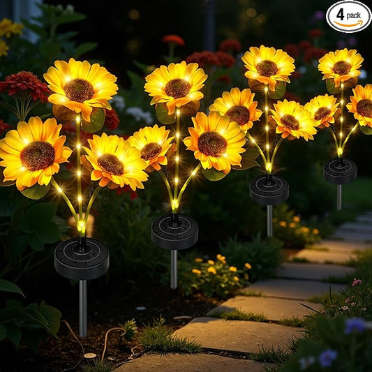 Upgraded Solar Sunflower Lights, 4-Pack Solar Garden Lights with Bigger Round Panel, 40-Hour Runtime for Indoor & Outdoor Decor, Waterproof for Patio Yard Garden