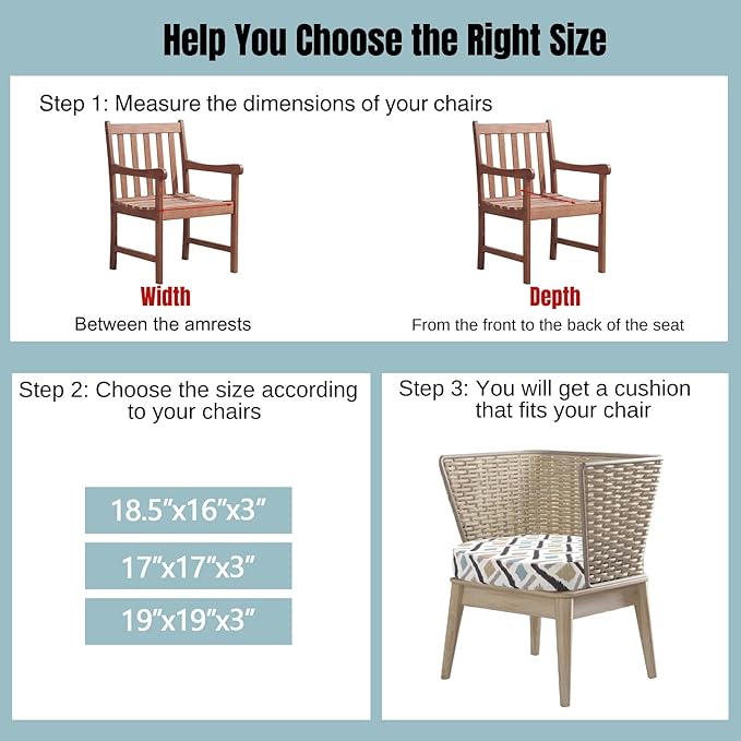 idee-home Outdoor Chair Cushions Set of 2, 17" x 17" x 3" Thick D-Shaped Patio Furniture Outdoor Seat Cushions Waterproof with Ties, Dining Pads