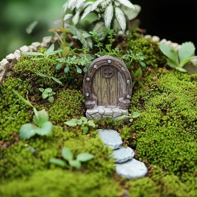 Fairy Door.Miniatue Fairy Tiny Circular Arch Door Figurines.Fairy Garden Supplies.Terrarium/Aquarium Accessories.DIY Miniature Garden.A Door and 3Pcs Steppings. (Barrel Hobbit Door)