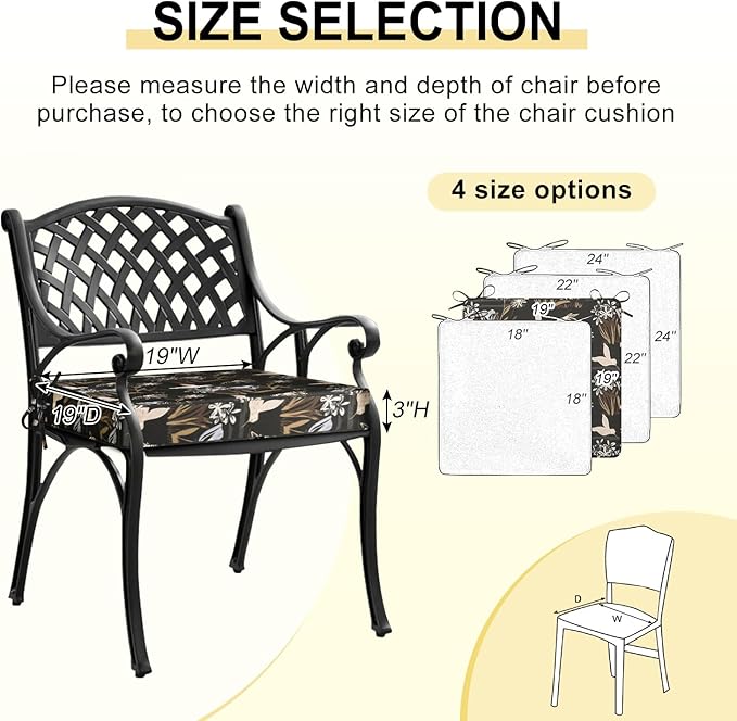 downluxe Outdoor Chair Cushions Set of 4, Waterproof 19" x 19" x 3" Patio Chair Cushion with Non-Slip Ties & Handle, Square Outdoor Cushion for Patio Furniture with Removable Cover, Night Bird