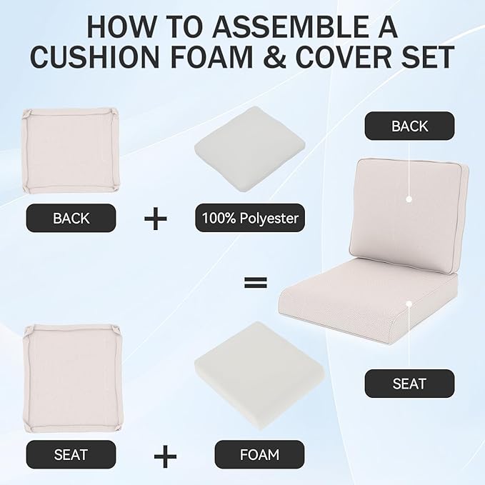 Outdoor Chair Cushions 23" x 24" x 4", Patio Deep Seat Replacement Cushions Set with Zippered Removable Cover, Weather-Resistant Olefin Fabric for Garden Chair Sofa Couch, Set of 2, Beige